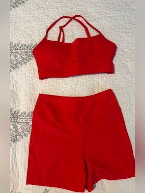 Women’s Red Strappy Sports Bra and High-Waist Bike Shorts Set